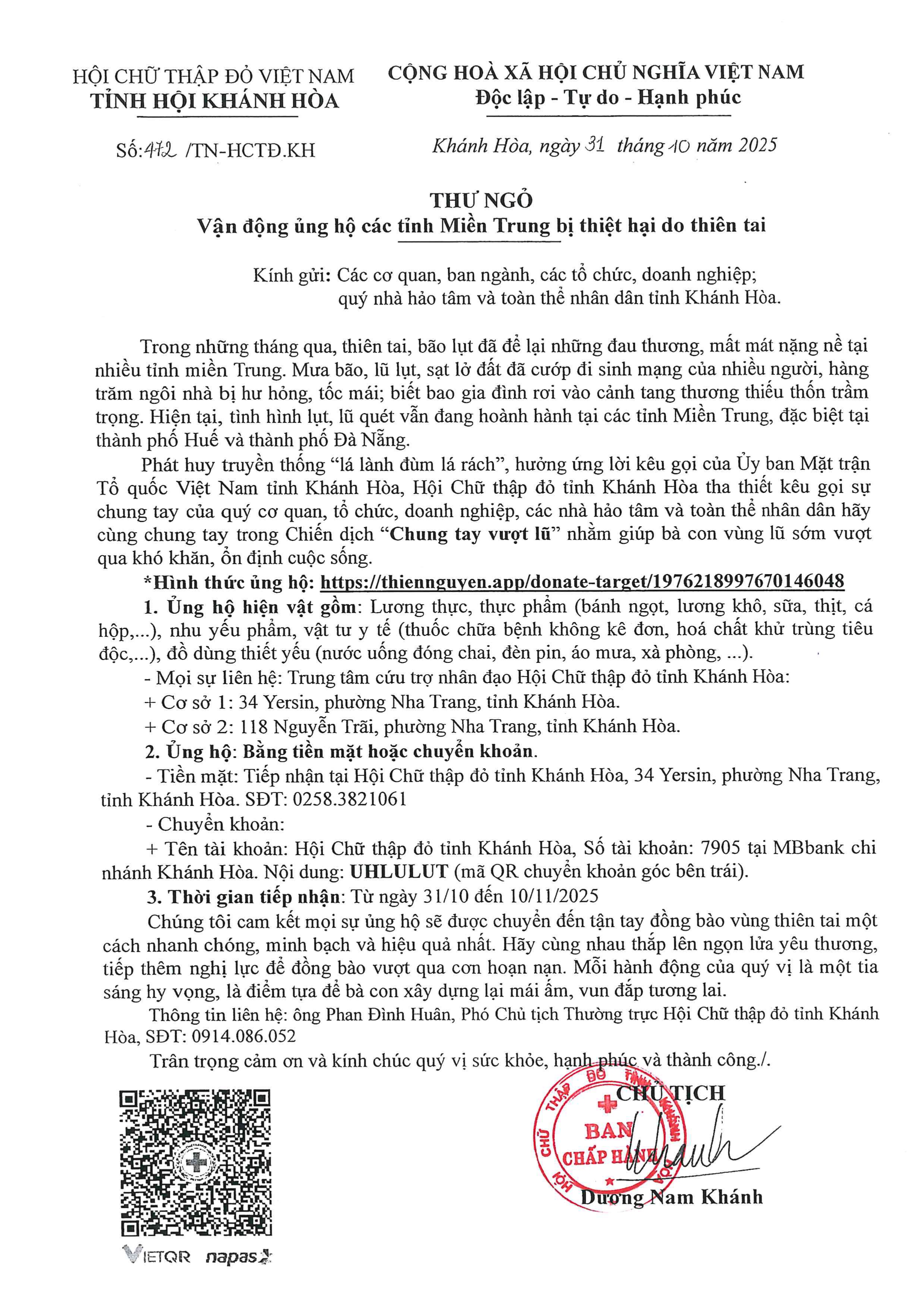 THƯ NGÕ vận động ủng hộ các tỉnh Miền Trung bị thiệt hại do thiên tai